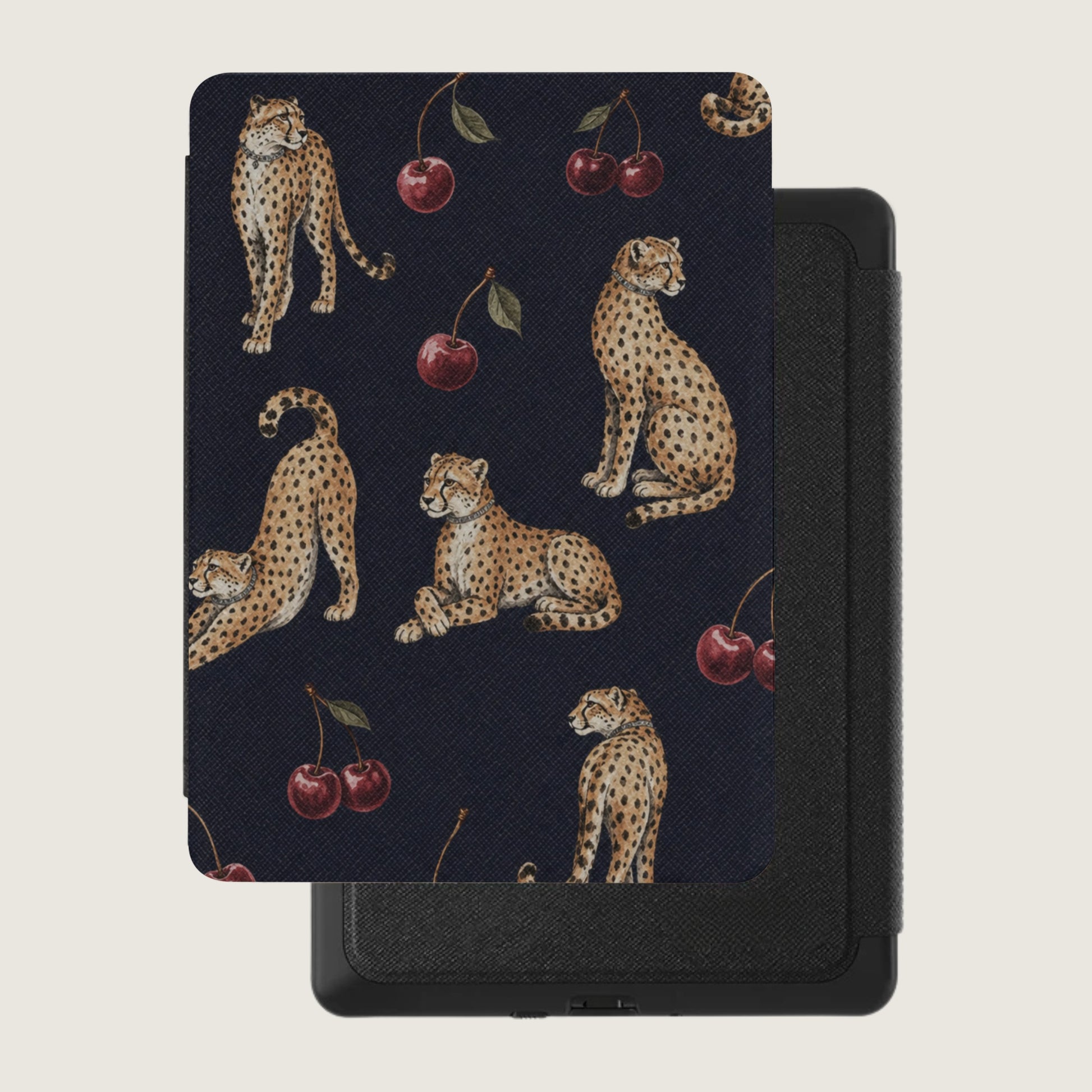 Dark blue case with a cheetah and cherry print.