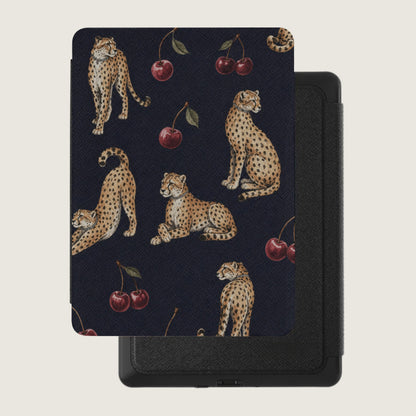 Dark blue case with a cheetah and cherry print.