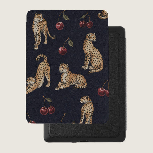 Dark blue case with a cheetah and cherry print.