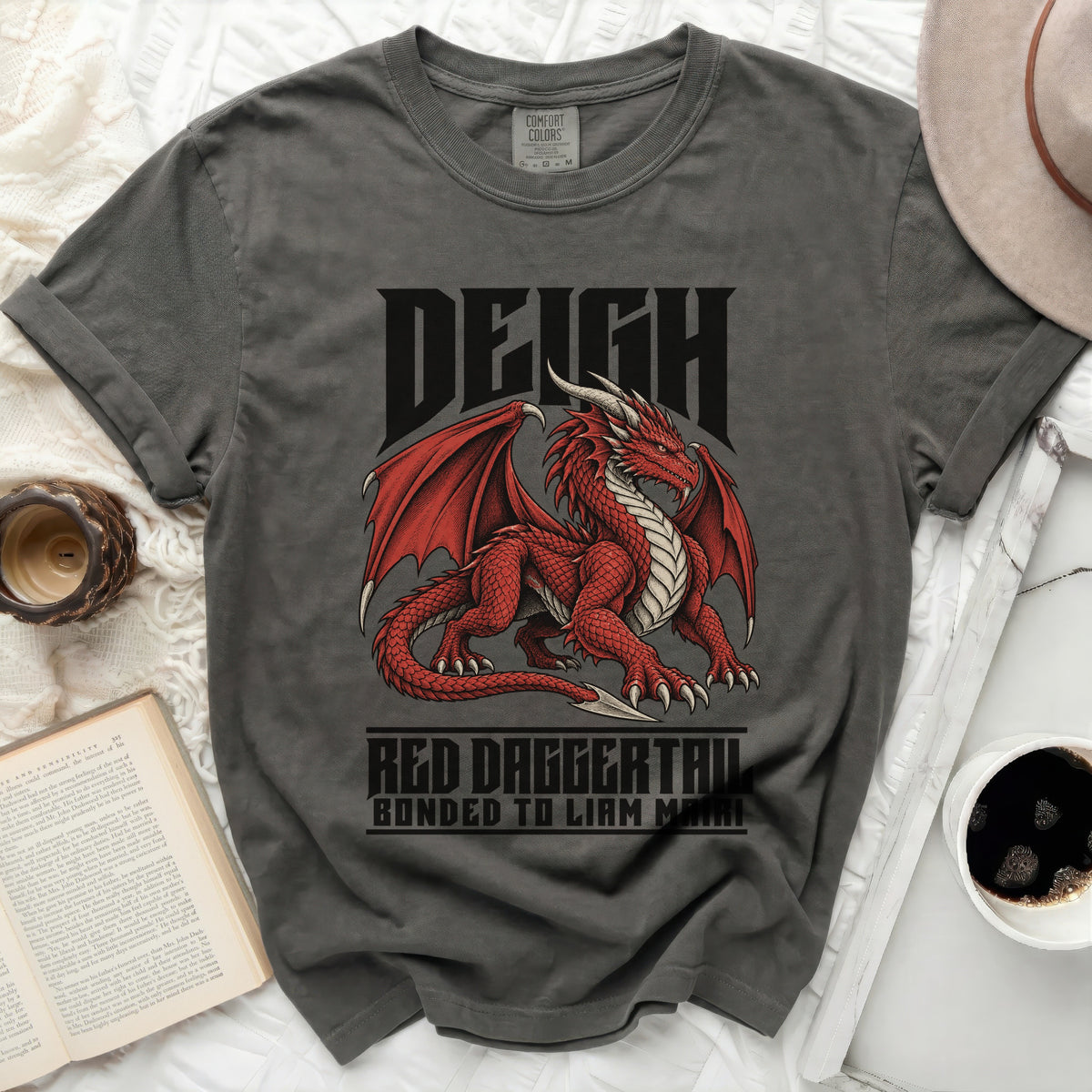 Grey t-shirt with a red dragon graphic and text "DEIGH RED DAGGERTAIL BONDED TO LIAM MAIRI".