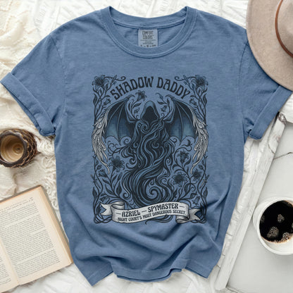 Blue t-shirt with "Shadow Daddy Azriel Spymaster" text and a winged figure.