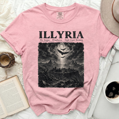 Pink t-shirt with "ILLYRIA" text and a black and white illustration of a fortress.