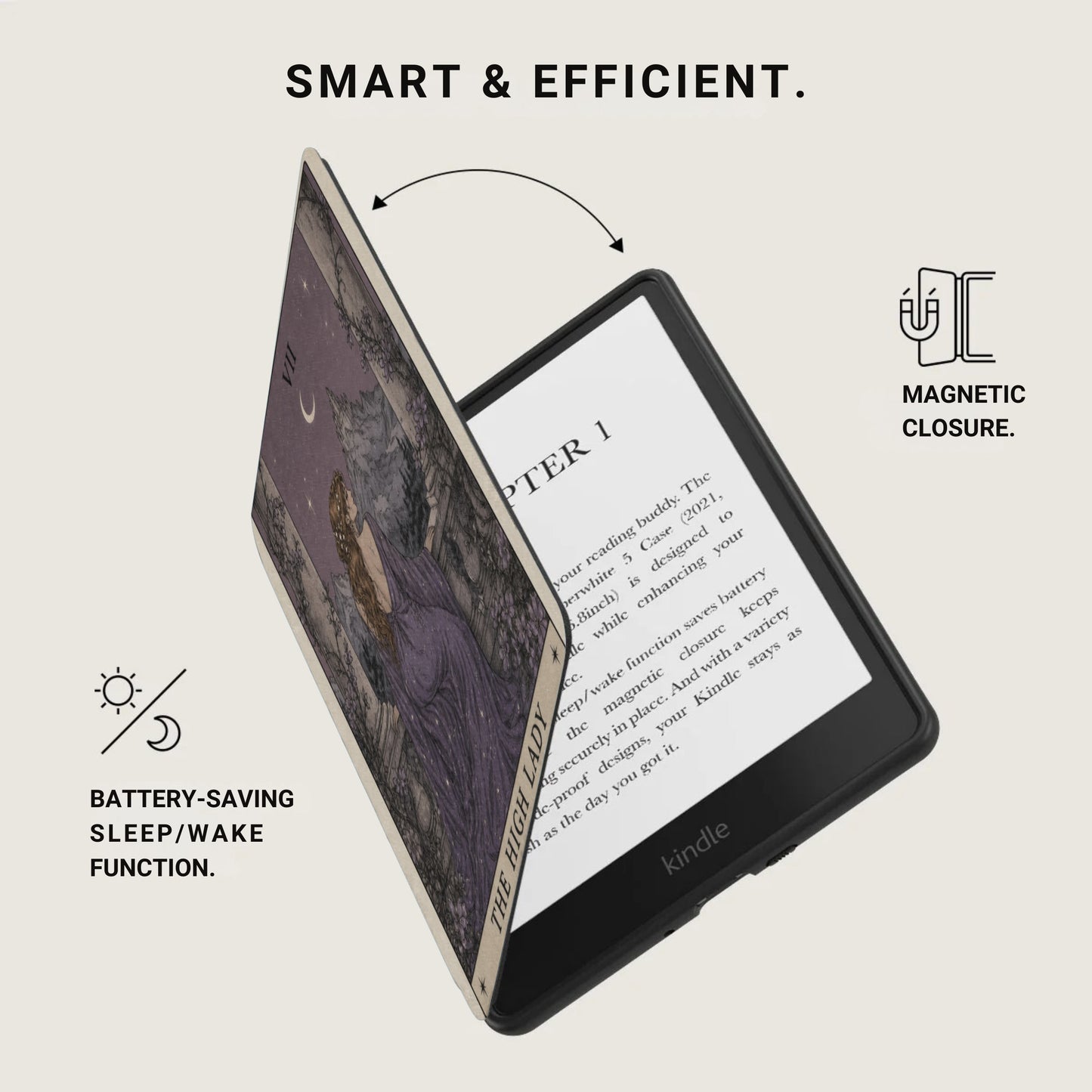 Kindle e-reader with decorative cover, showing magnetic closure and battery-saving features.