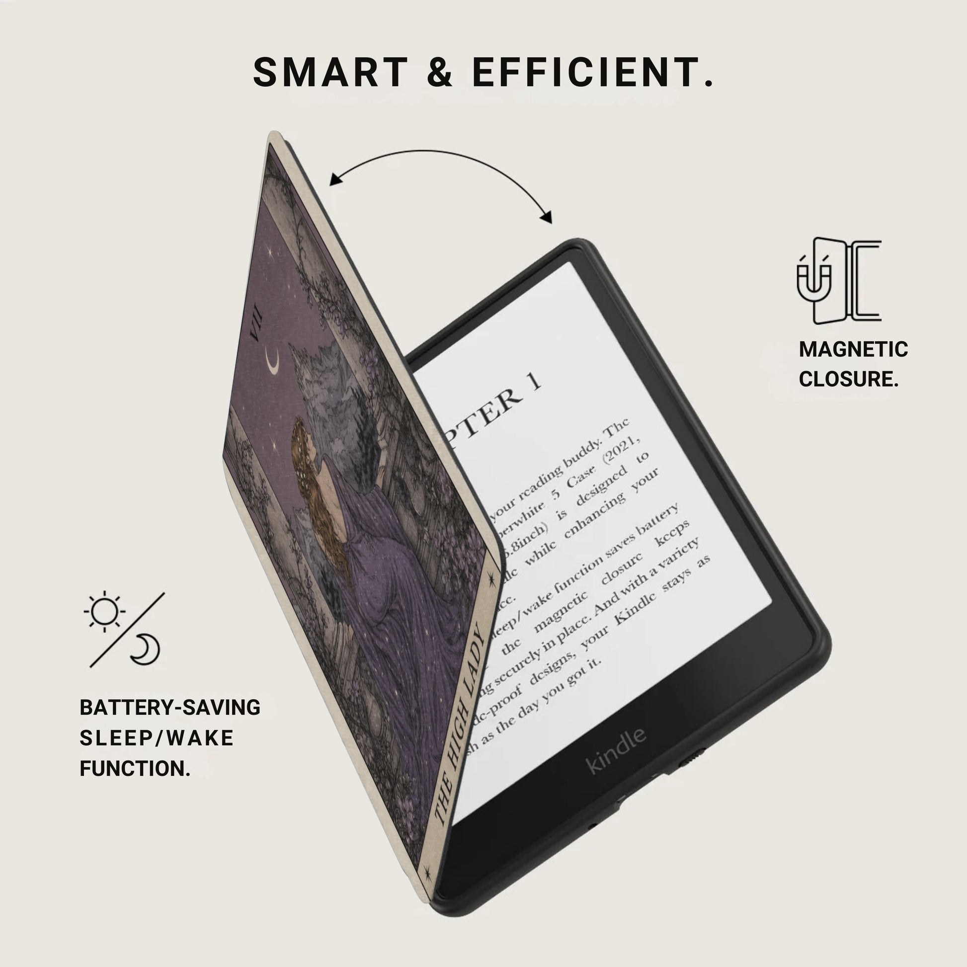 Kindle e-reader with decorative cover, showing magnetic closure and battery-saving features.