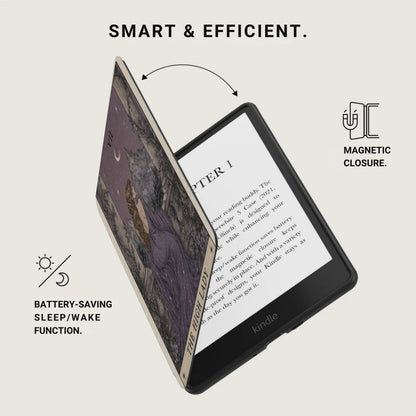 Kindle e-reader with decorative cover, showing magnetic closure and battery-saving features.