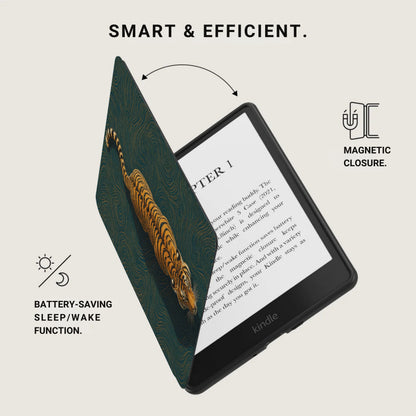 Kindle e-reader with tiger patterned case open, showing "Smart & Efficient" and features.