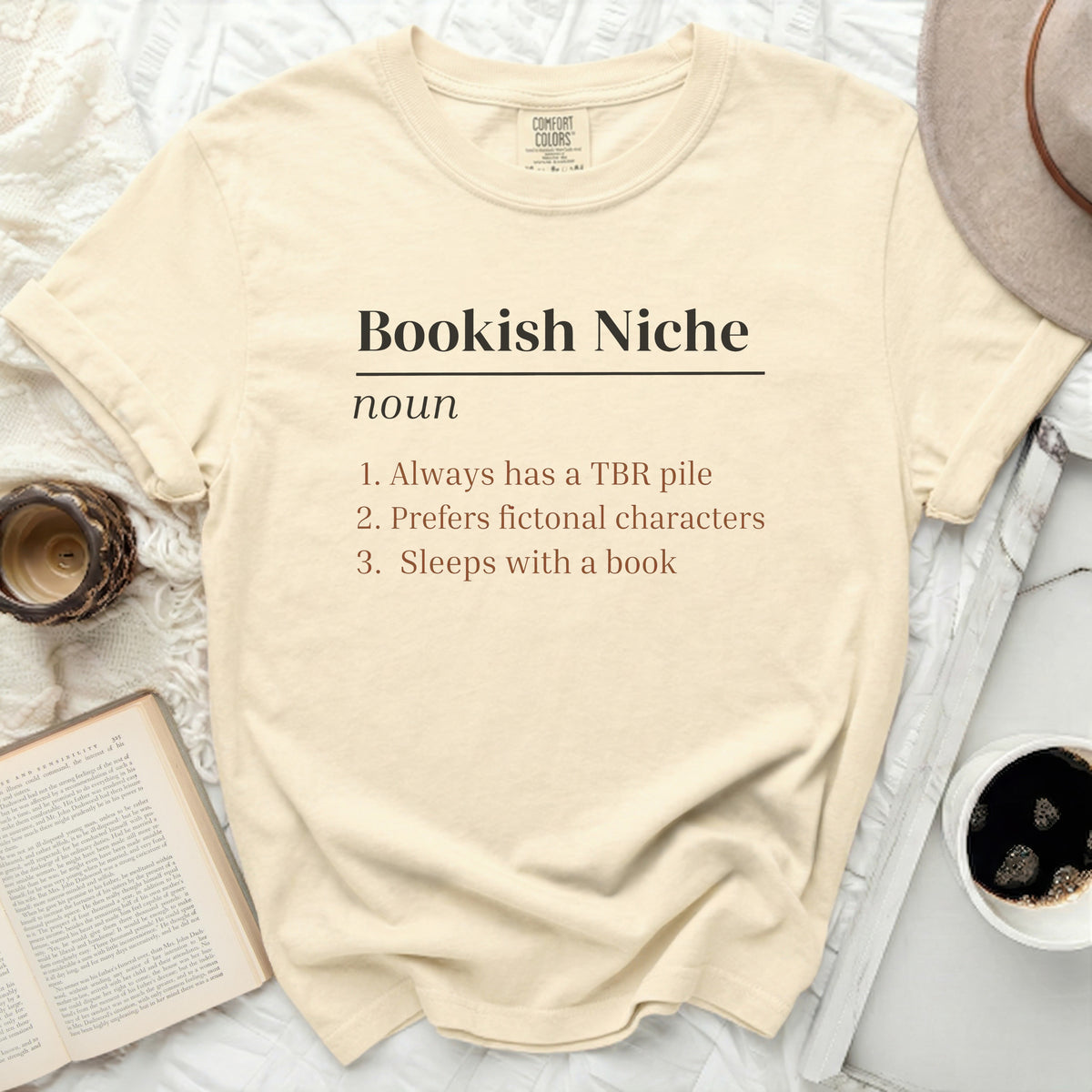 Comfort Colors cream t-shirt with "Bookish Niche" definition for readers.