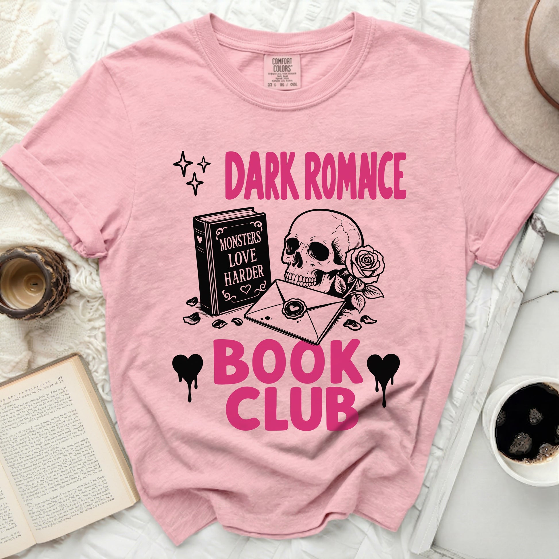 Pink t-shirt with "Dark Romance Book Club" text, skull, book, and rose.