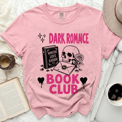 Pink t-shirt with "Dark Romance Book Club" text, skull, book, and rose.