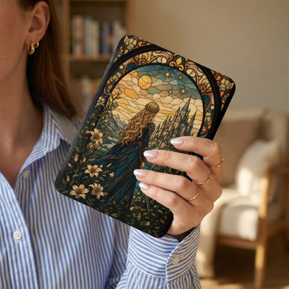 Tablet cover featuring a woman in a blue dress before a castle under a stained-glass sky.