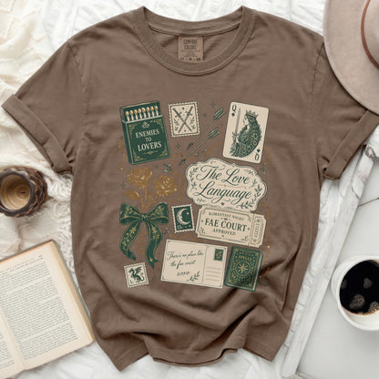 Brown t-shirt with "Enemies to Lovers" text and romantic Fae court graphics.