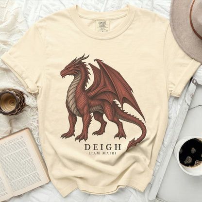 Cream t-shirt with red dragon graphic and text "DEIGH LIAM MAIRI".