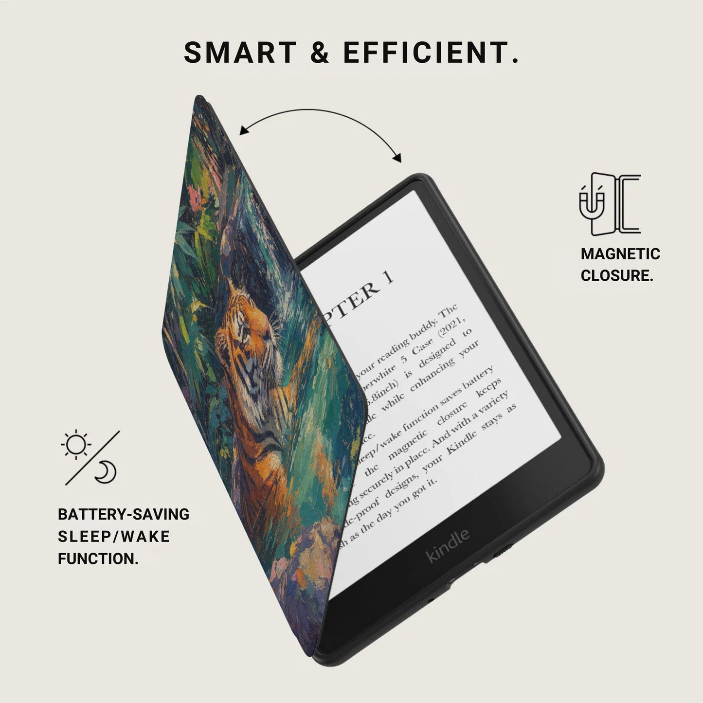 Kindle with tiger-themed case open, showing chapter one and magnetic closure.