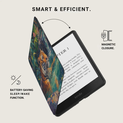 Kindle with tiger-themed case open, showing chapter one and magnetic closure.