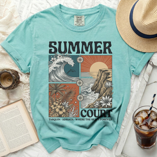 Teal t-shirt with "SUMMER COURT" and beach-themed collage.