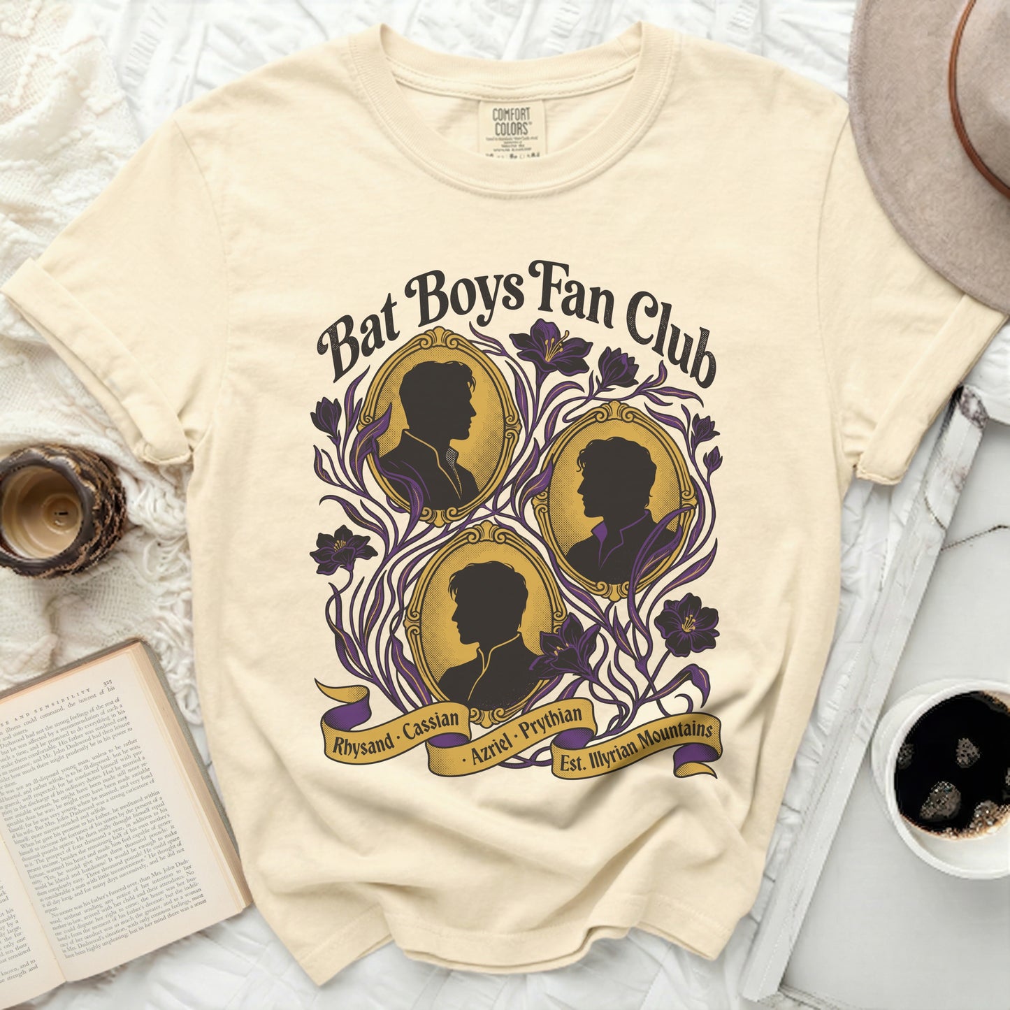 Bat Boys Fan Club shirt with silhouettes and names Rhysand, Cassian, Azriel, Prythian.