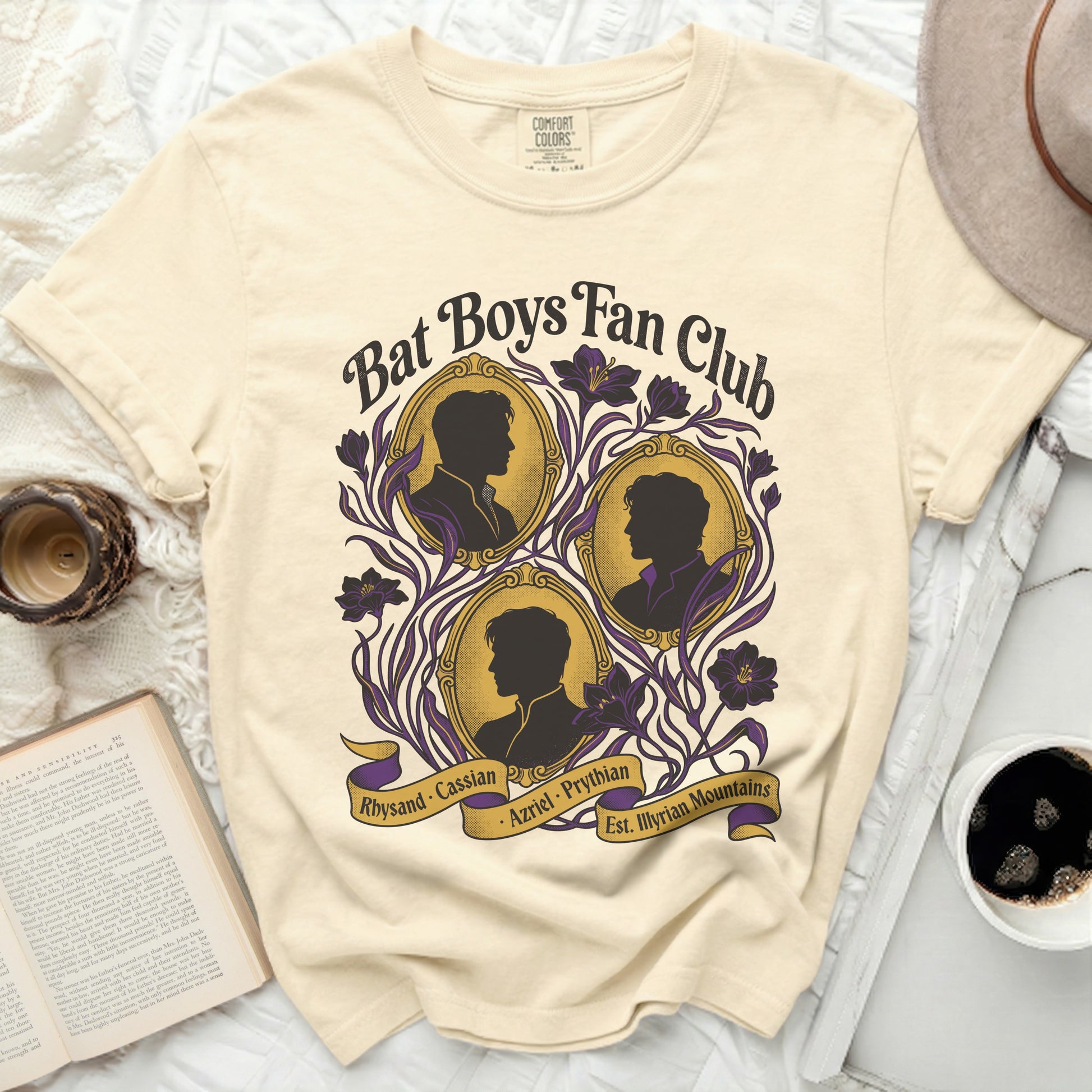 Bat Boys Fan Club shirt with silhouettes and names Rhysand, Cassian, Azriel, Prythian.