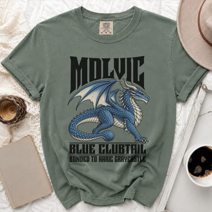 Green t-shirt with a blue dragon graphic and text "MOLVIC BLUE CLUBTAIL BONDED TO AARIC GRAYCASTLE".