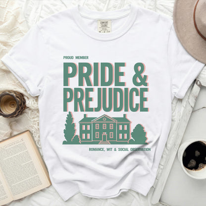 Proud member Pride & Prejudice t-shirt with house graphic.