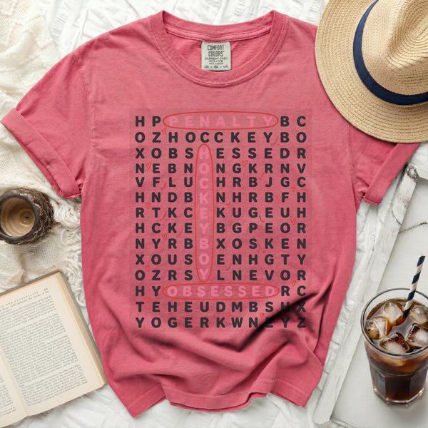 Hockey Word Search Obsessed Tee in Crunchberry