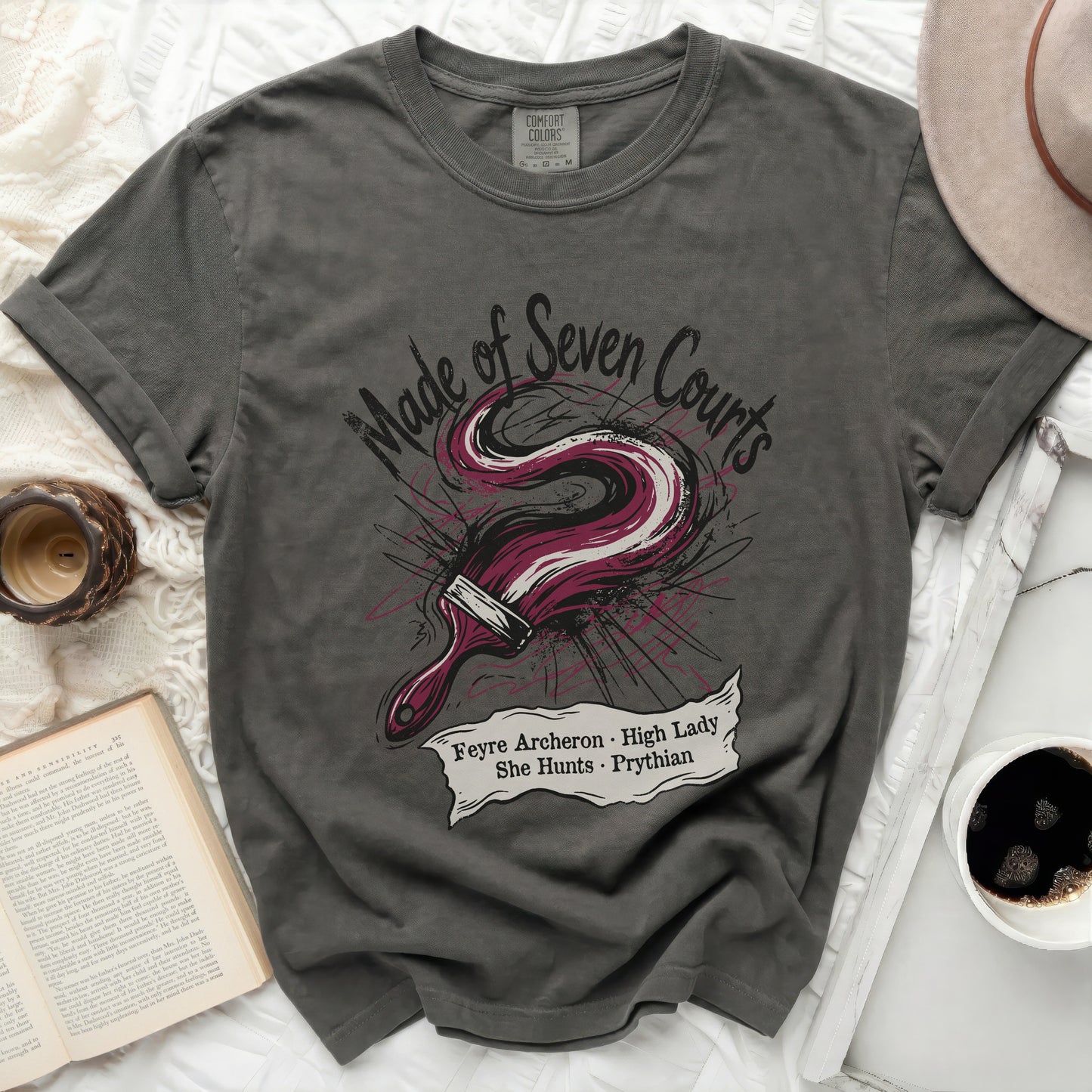 Dark gray t-shirt with "Made of Seven Courts" and Feyre Archeron text.
