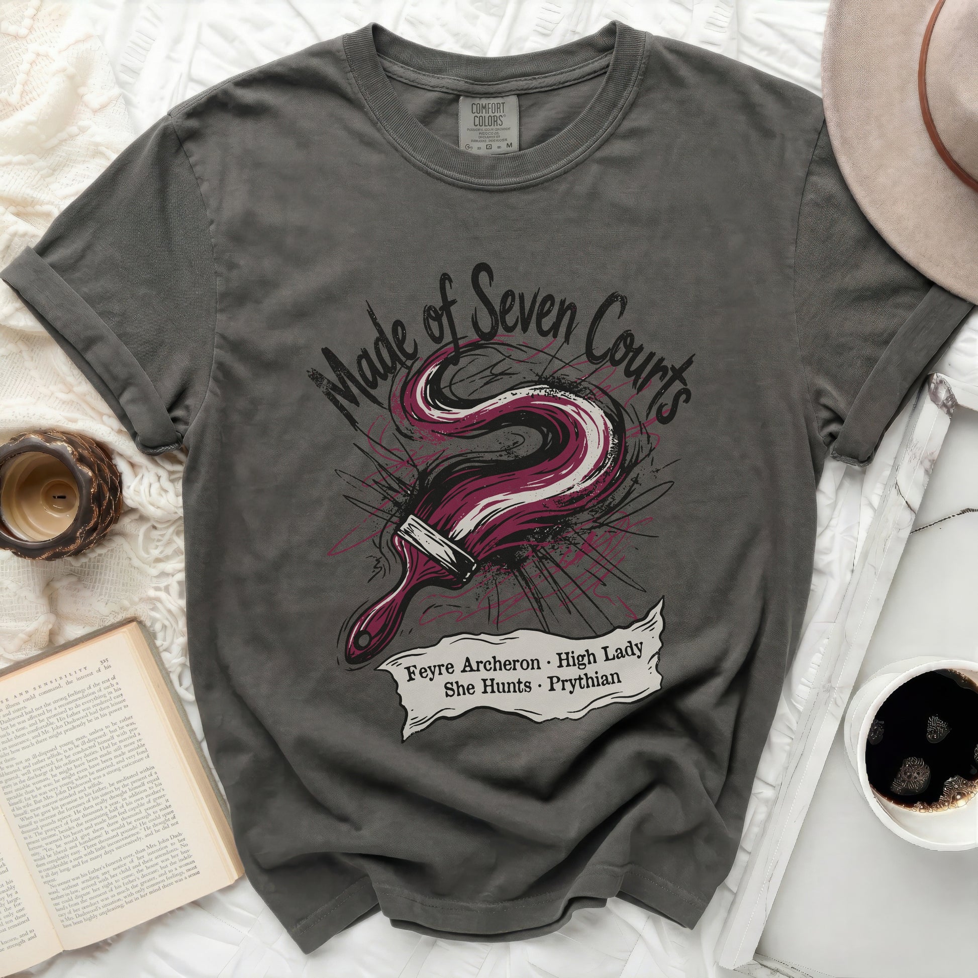 Dark gray t-shirt with "Made of Seven Courts" and Feyre Archeron text.
