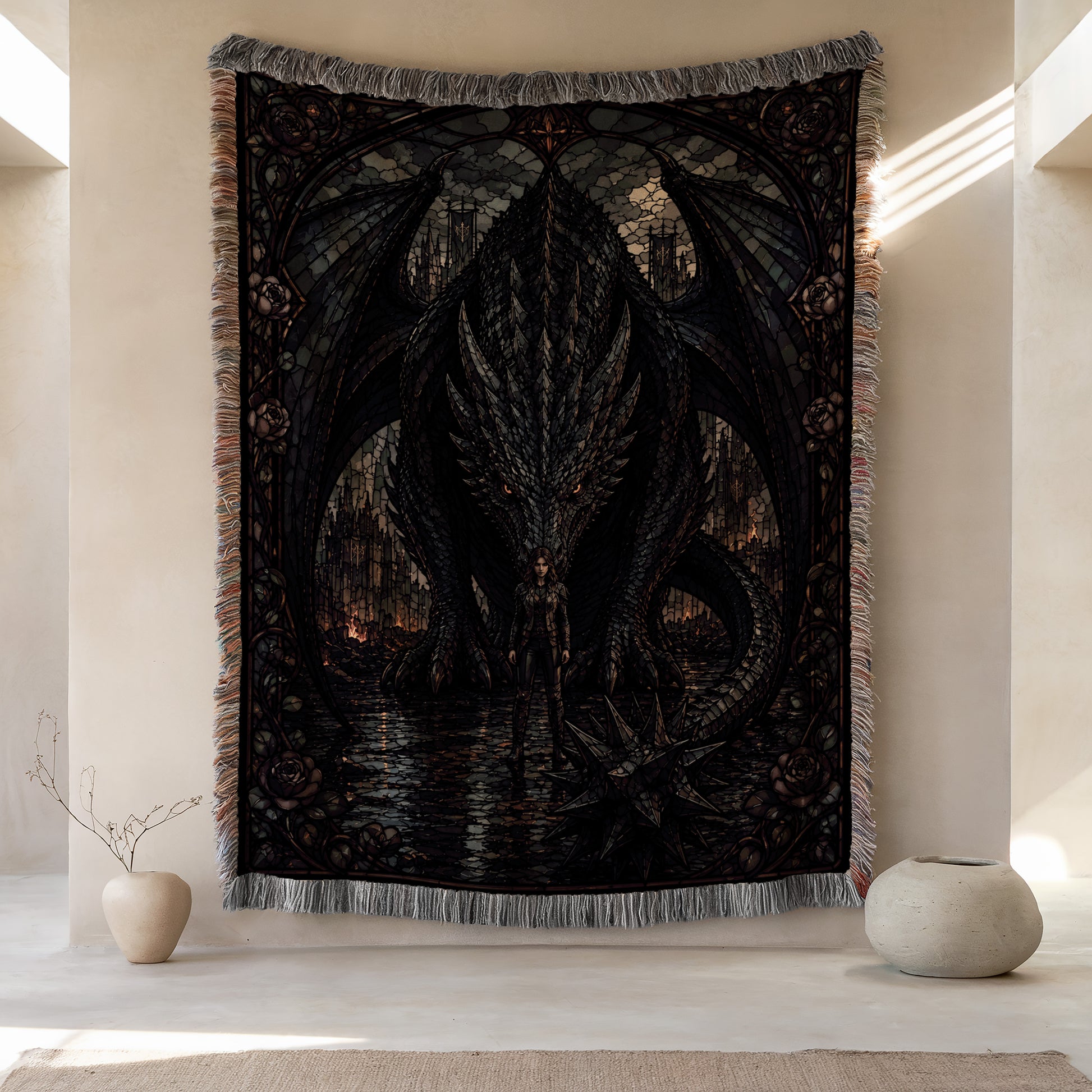 a large tapestry hanging on a wall, depicting a dragon with intricate details and a dark, moody color scheme. The tapestry is framed by a decorative border, and there are two small vases placed on either side of the tapestry, adding to the overall aesthetic of the room.