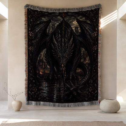 a large tapestry hanging on a wall, depicting a dragon with intricate details and a dark, moody color scheme. The tapestry is framed by a decorative border, and there are two small vases placed on either side of the tapestry, adding to the overall aesthetic of the room.