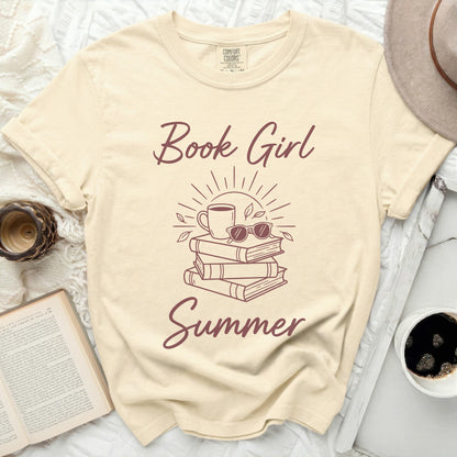 Cream t-shirt with "Book Girl Summer" text and stack of books graphic.