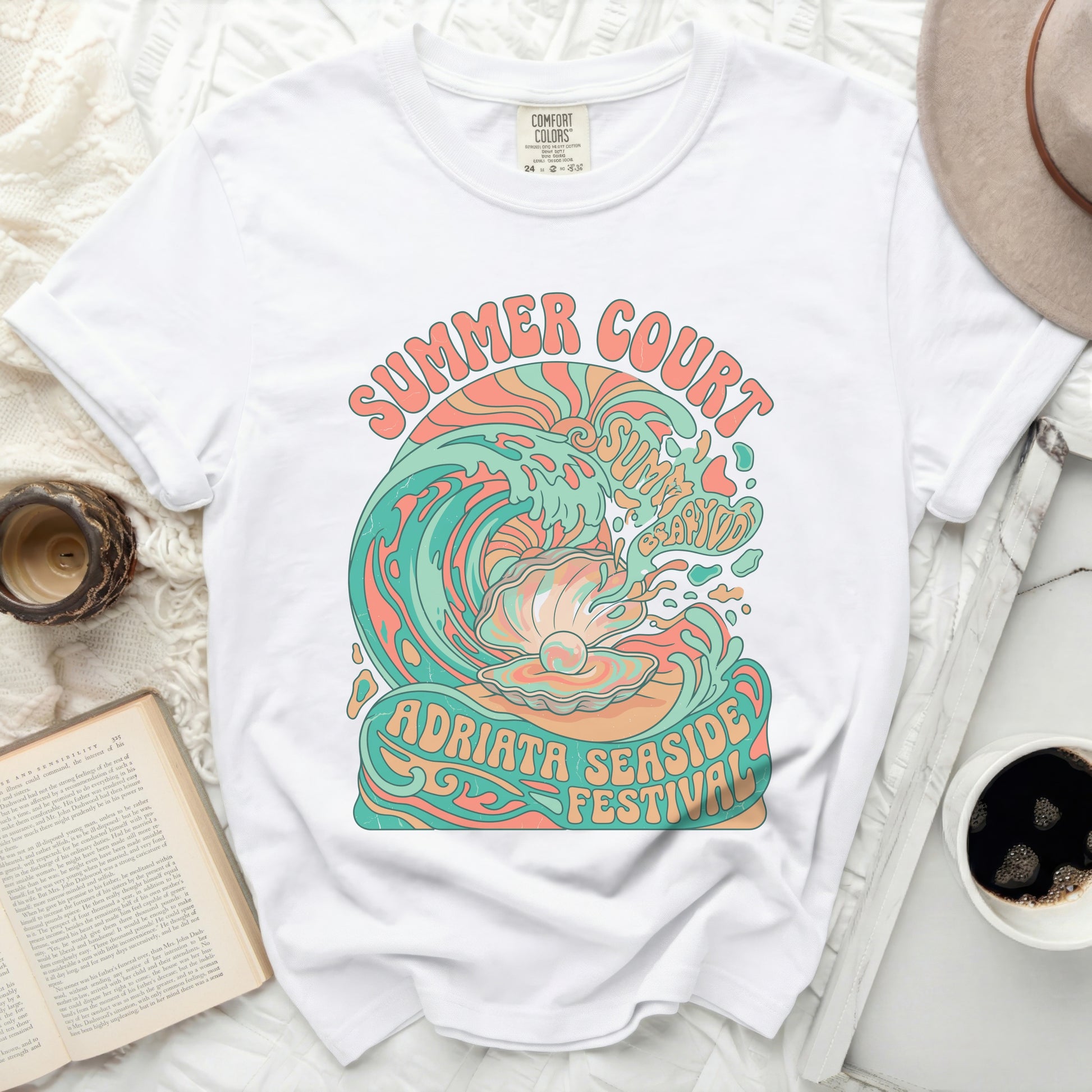 White Comfort Colors shirt with "Summer Court Adriata Seaside Festival" graphic.