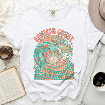 White Comfort Colors shirt with "Summer Court Adriata Seaside Festival" graphic.