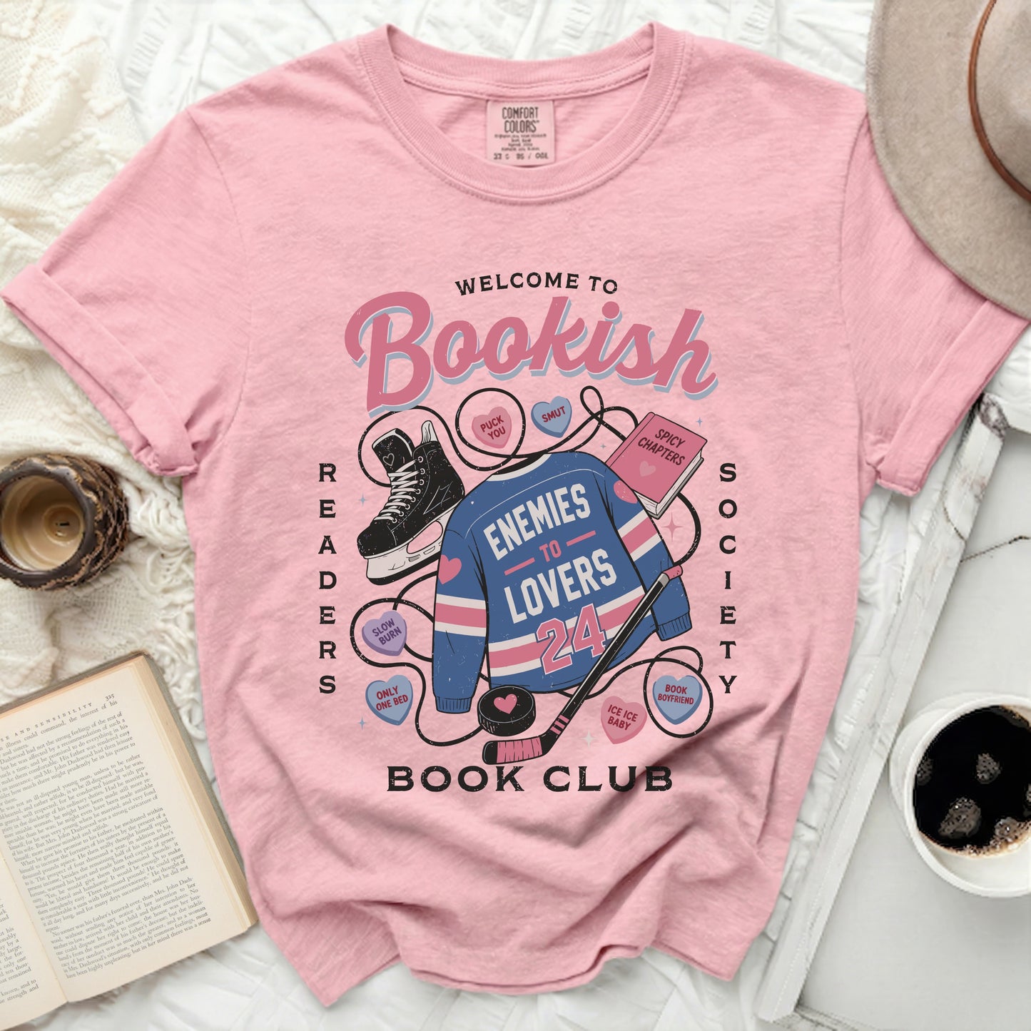 Pink t-shirt with "Bookish" text and a vintage hockey jersey design.