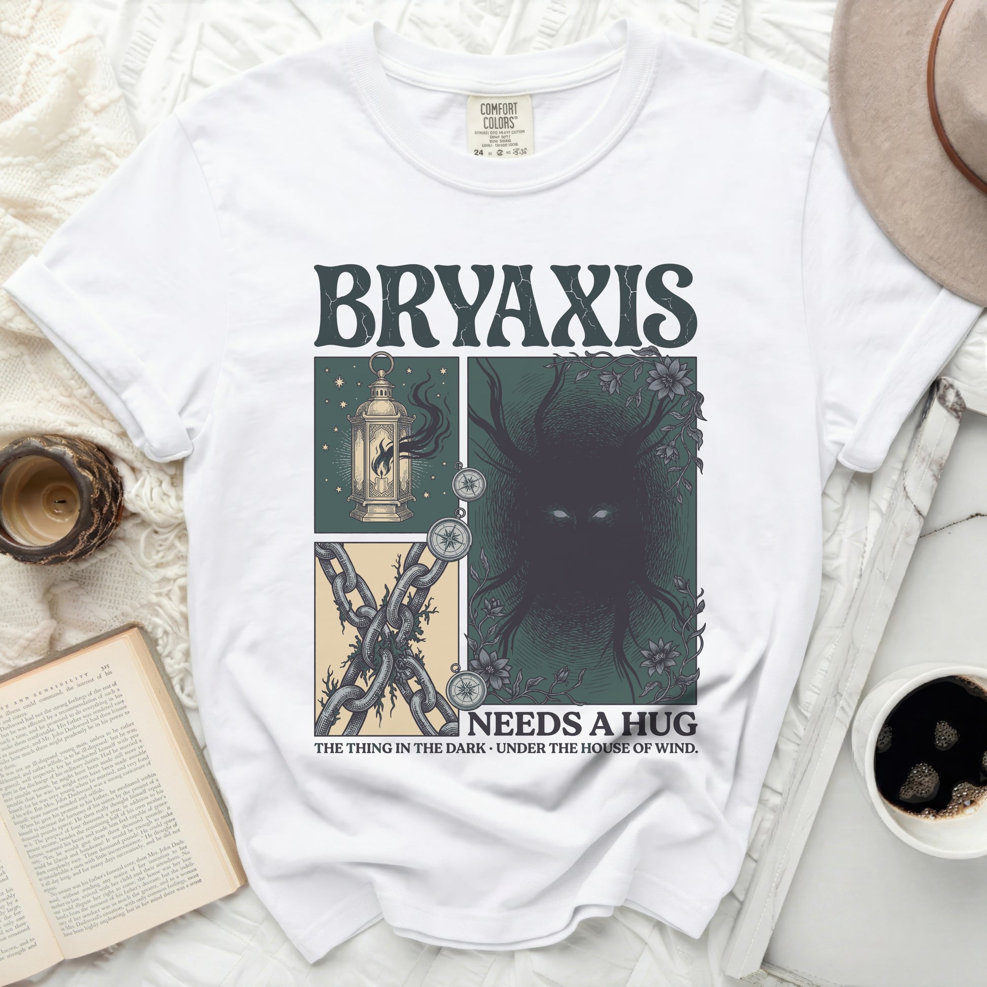 White t-shirt with "Bryaxis Needs a Hug" graphic and imagery.