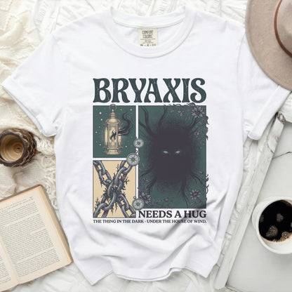 White t-shirt with "Bryaxis Needs a Hug" graphic and imagery.