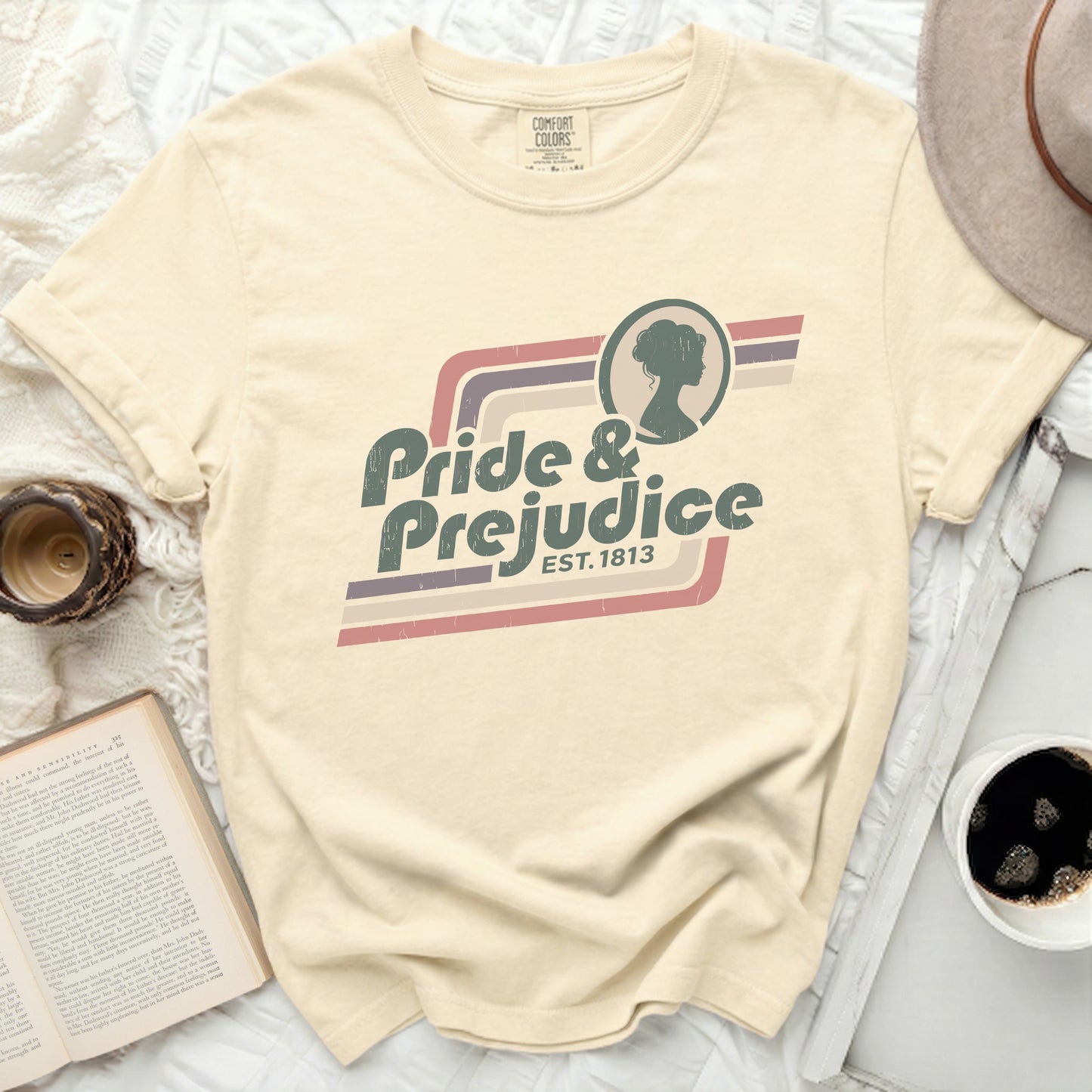 Comfort Colors t-shirt with "Pride & Prejudice EST. 1813" graphic