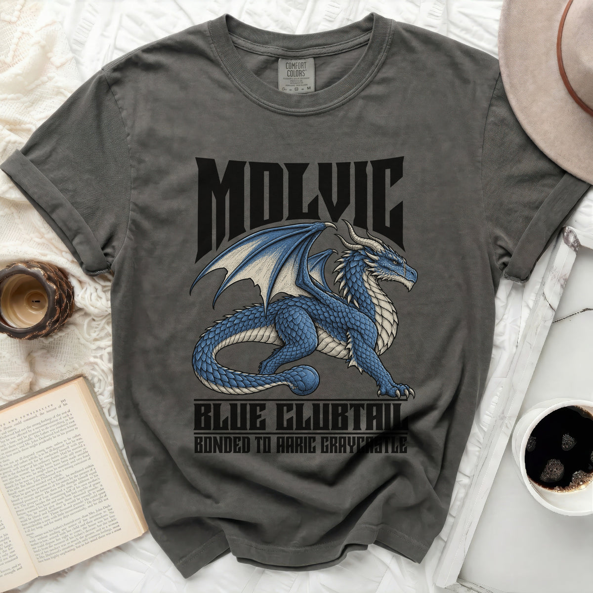 Grey t-shirt with "Molvic" and a blue dragon graphic, "Blue Clubtail" text.