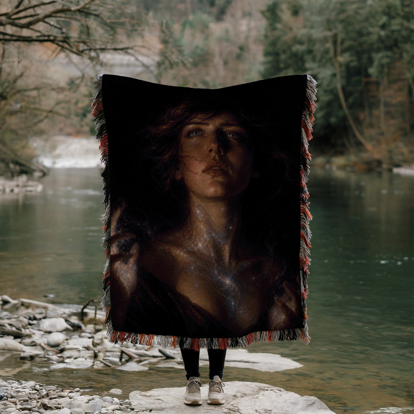 A person stands on a rock, holding a large black blanket with a portrait of a woman on it, in front of a body of water.