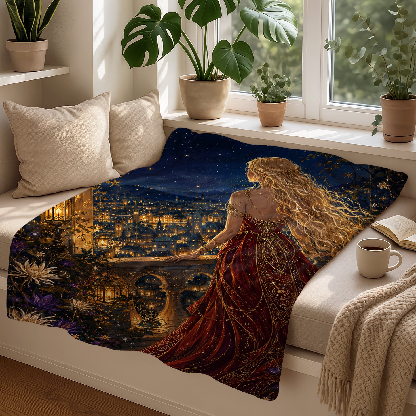 Fantasy blanket with woman in red dress overlooking glowing cityscape under starry night.