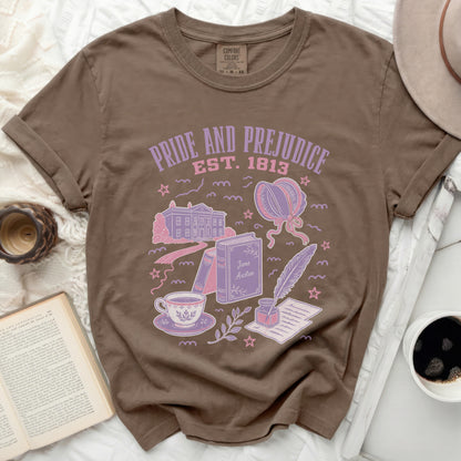 Brown t-shirt with "Pride and Prejudice Est. 1813" and literary illustrations.