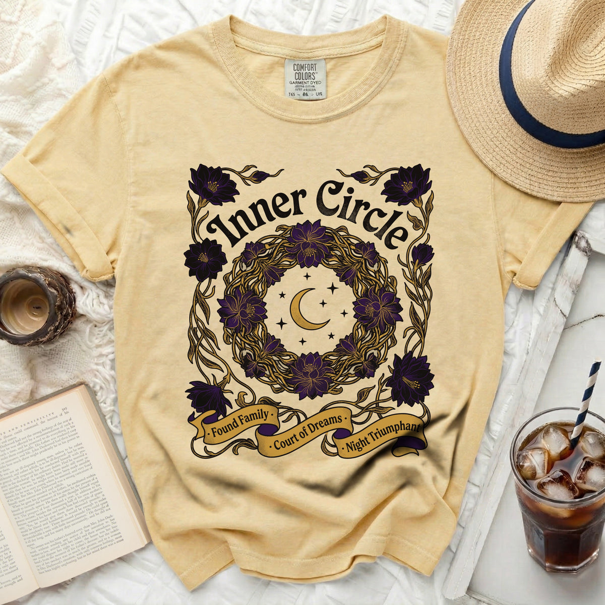 Yellow Comfort Colors t-shirt with "Inner Circle" and floral wreath graphic.