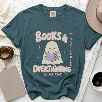 Teal t-shirt with ghost graphic reading "Books & Overthinking Social Club".