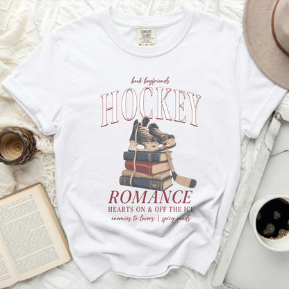White t-shirt with "book boyfriends Hockey ROMANCE" graphic.
