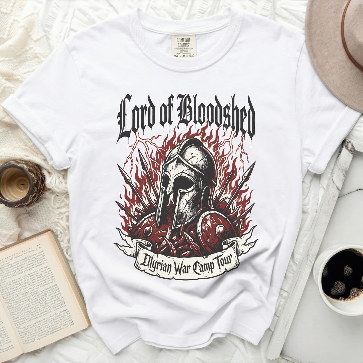 White t-shirt with "Lord of Bloodshed" and "Illyrian War Camp Tour" graphics.