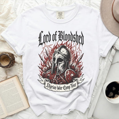 White t-shirt with "Lord of Bloodshed" and "Illyrian War Camp Tour" graphics.