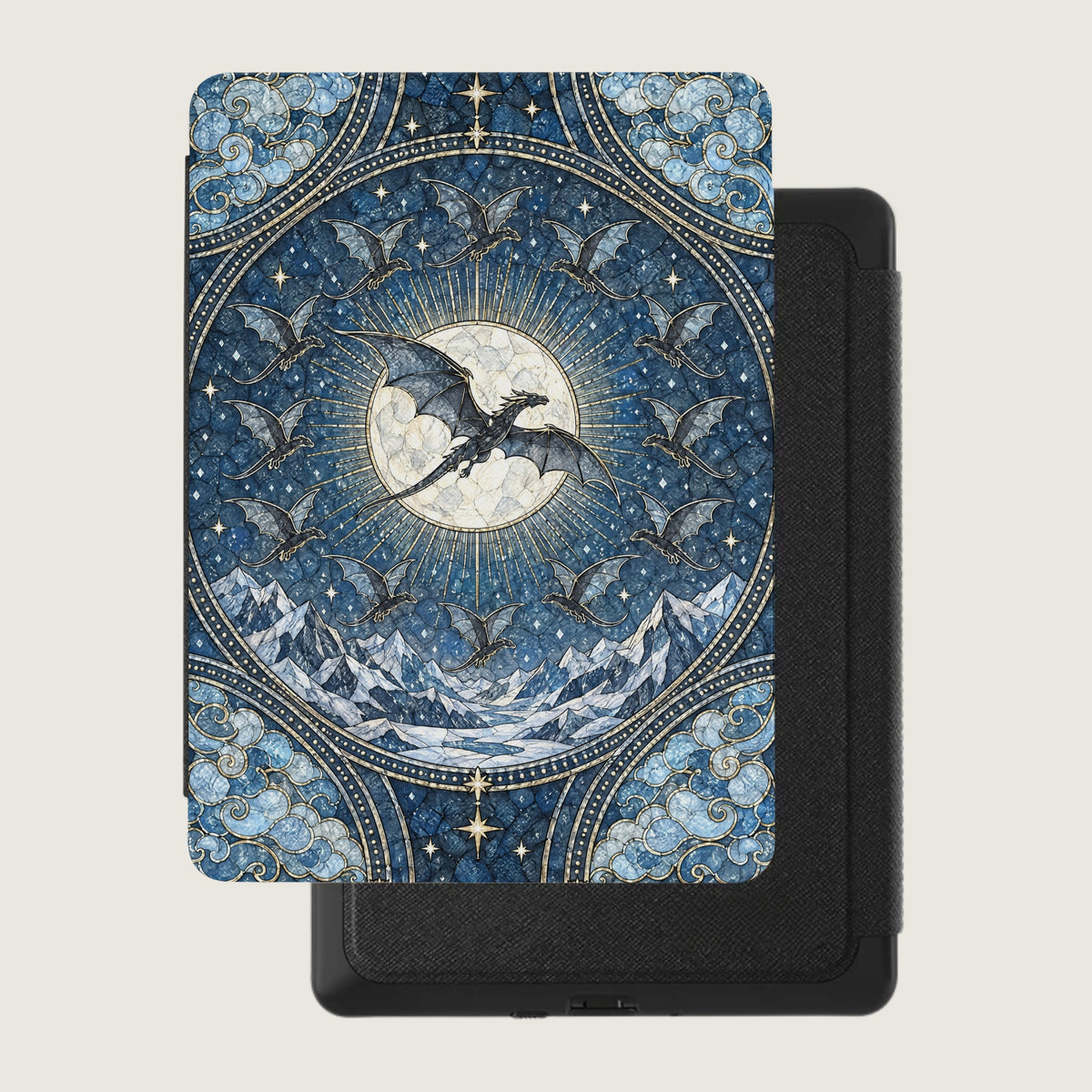 Kindle e-reader in a blue case decorated with a mosaic design of dragons flying before a full moon.