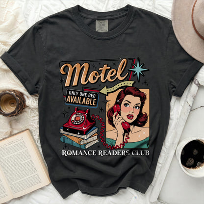 Romance Readers Club t-shirt with motel graphic and woman on phone.