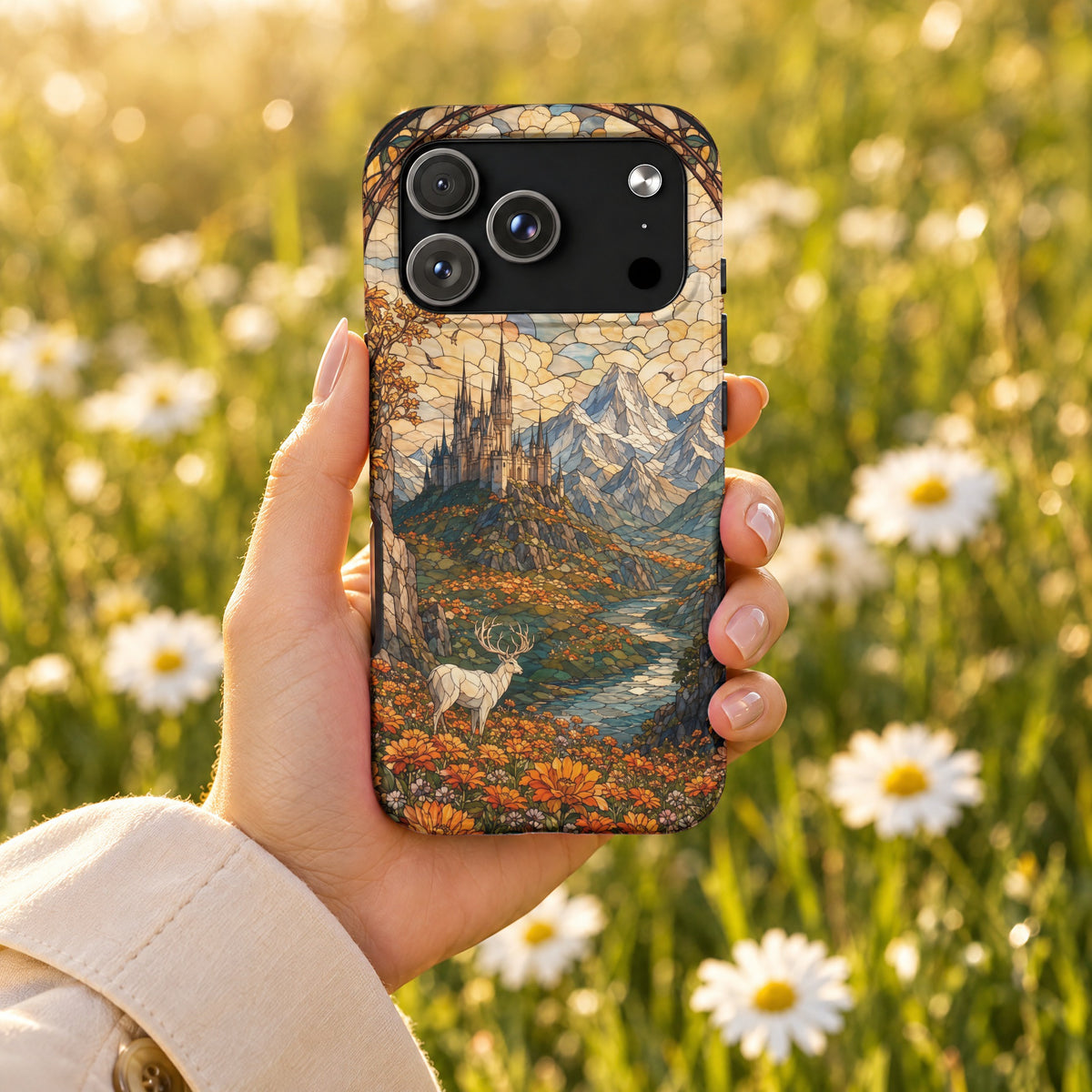 A hand holds a smartphone featuring a stained-glass style fantasy landscape case against a blurry daisy field background.