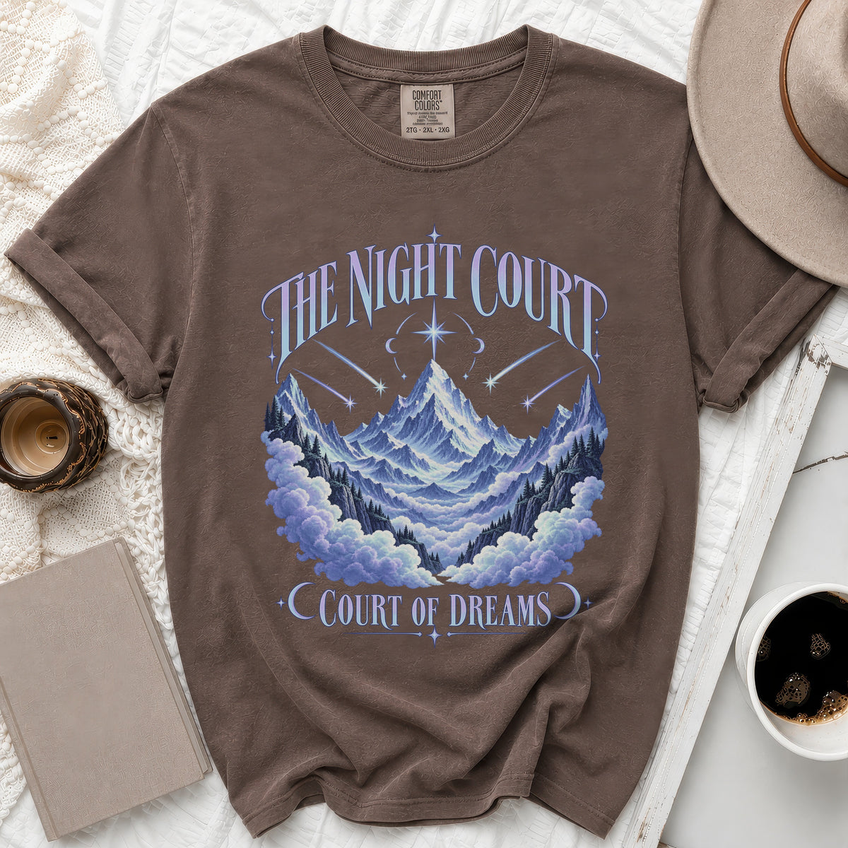 Brown t-shirt with "The Night Court" and "Court of Dreams" text and mountain graphic.