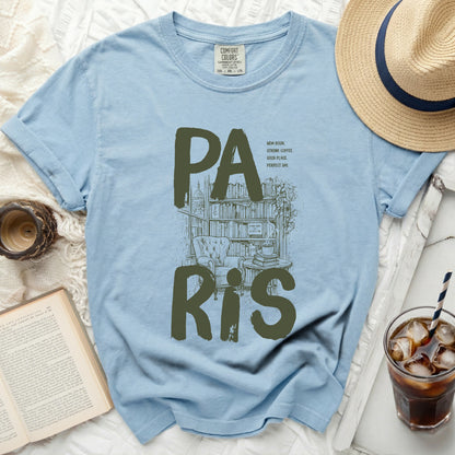 Light blue t-shirt with "PA RIS" and library illustration.