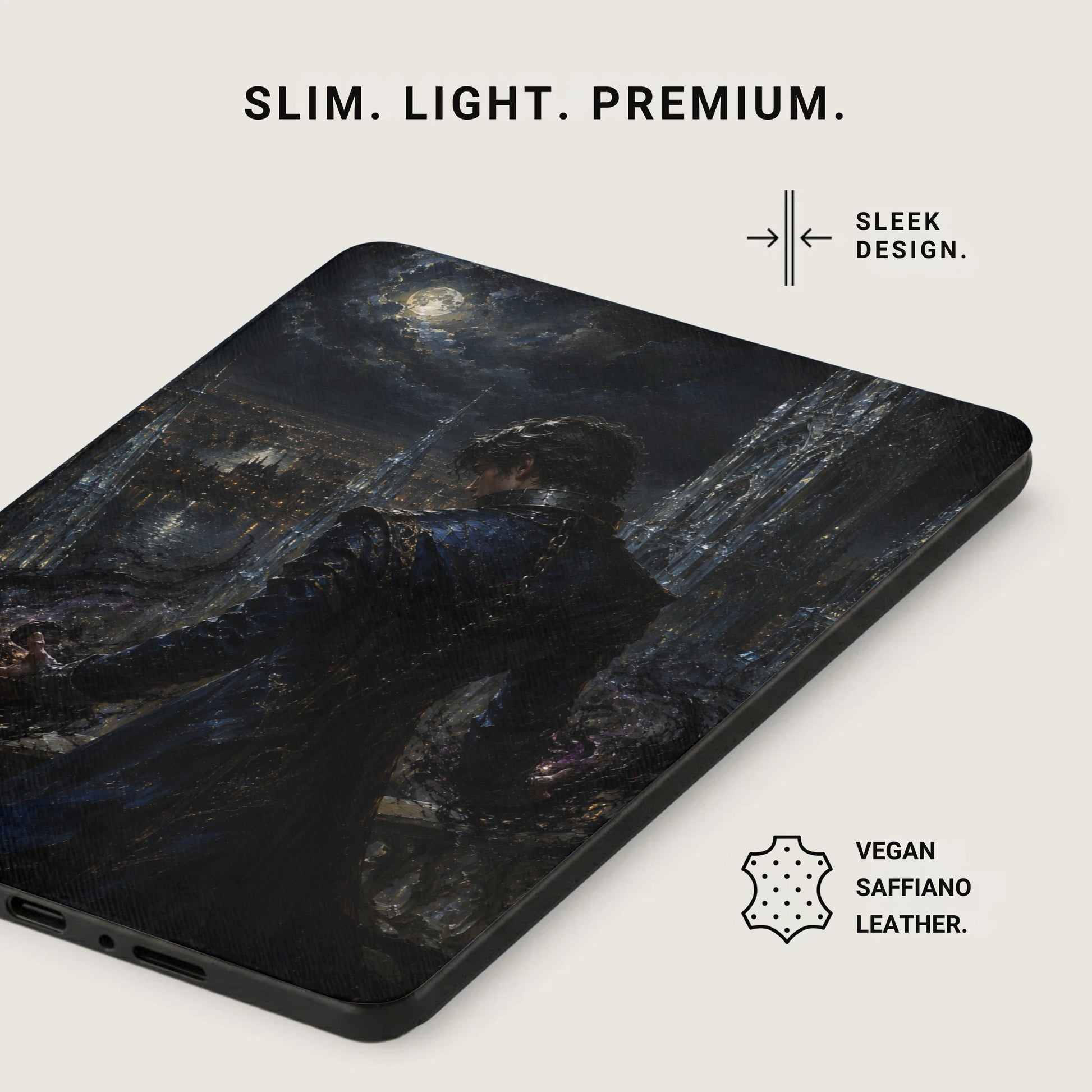 Phone case with artwork of a figure looking over a moonlit, dark city.